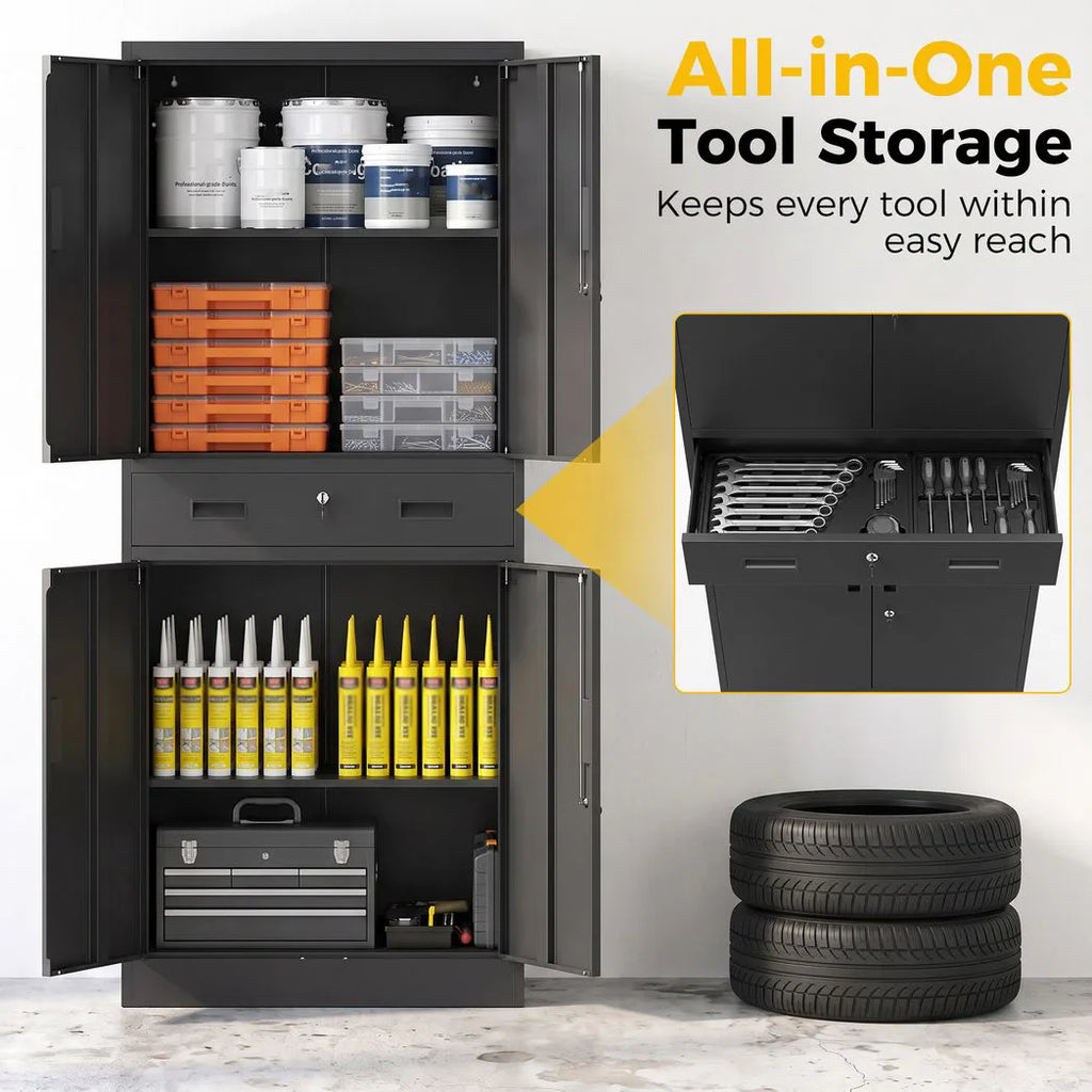 Metal Storage Cabinet, 180cm Tall Tool Cabinet with Locking Doors, Drawer and Adjustable Shelves, Black