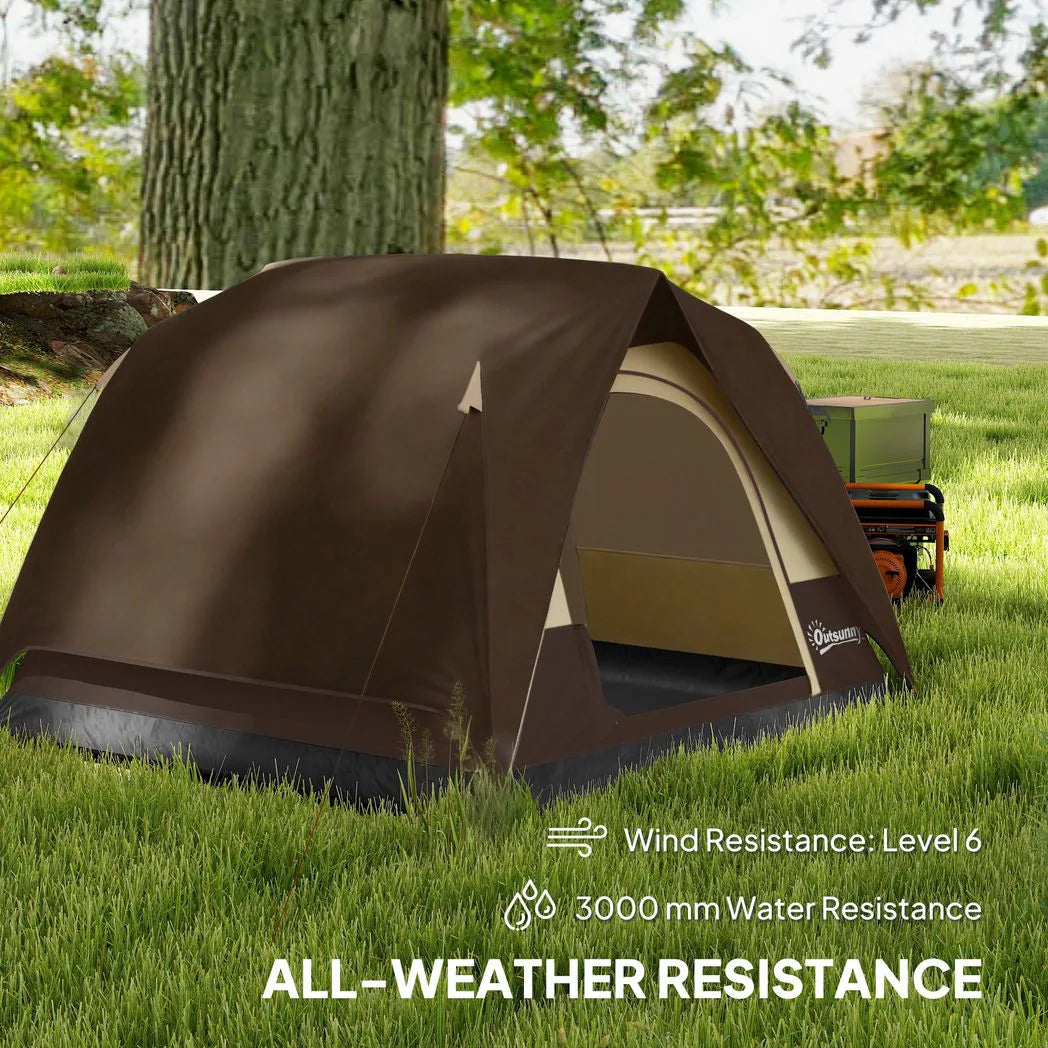 Outsunny Camping Tent, Easy Set Up 2-3 Man Tent with Sewn-in Groundsheet, 3000 mm Dome Tent w/ Mesh Windows, Brown
