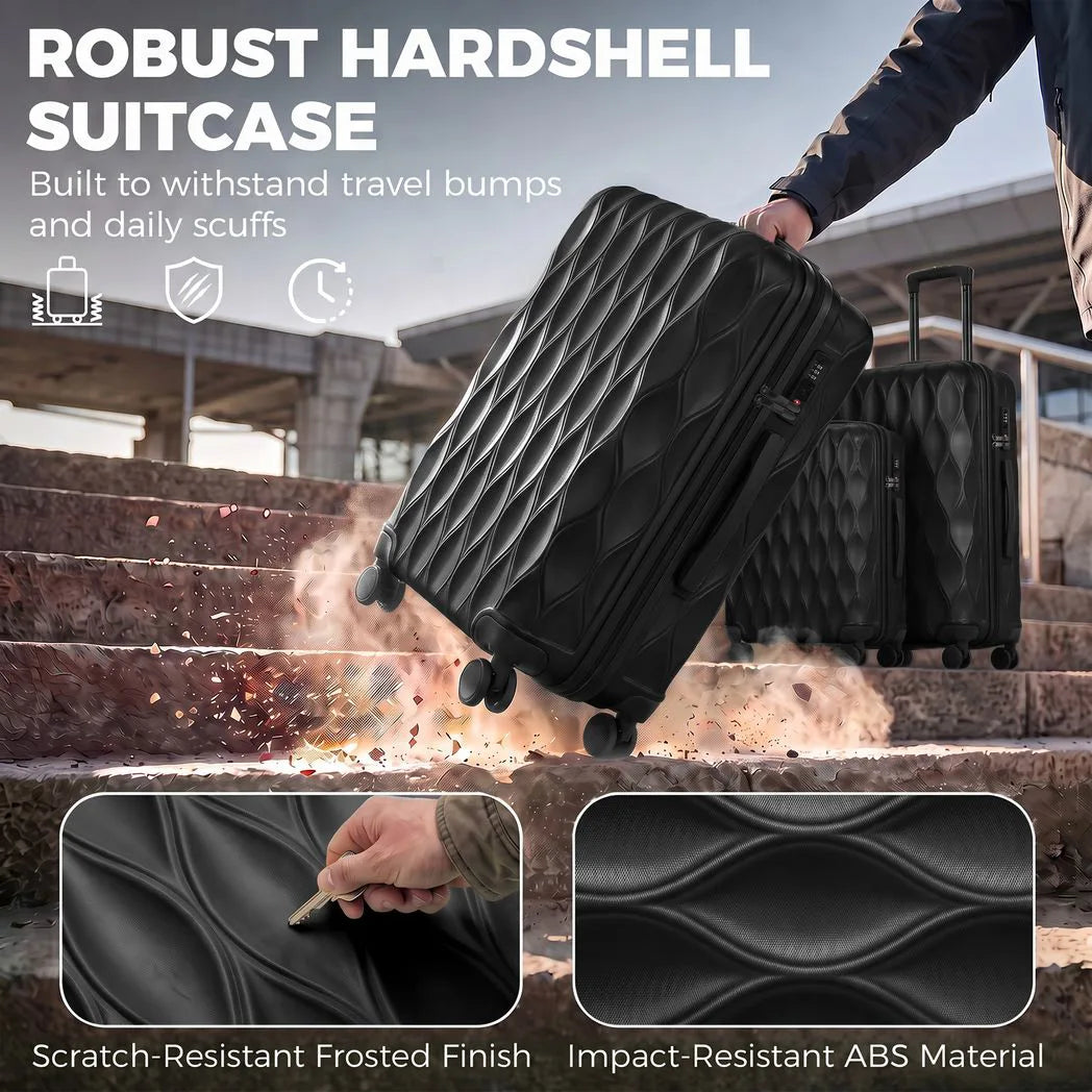 3-Piece Suitcase Set, Hard Shell Carry On & Checked Luggage Set with TSA Lock, 20/24/28 Inch, Black