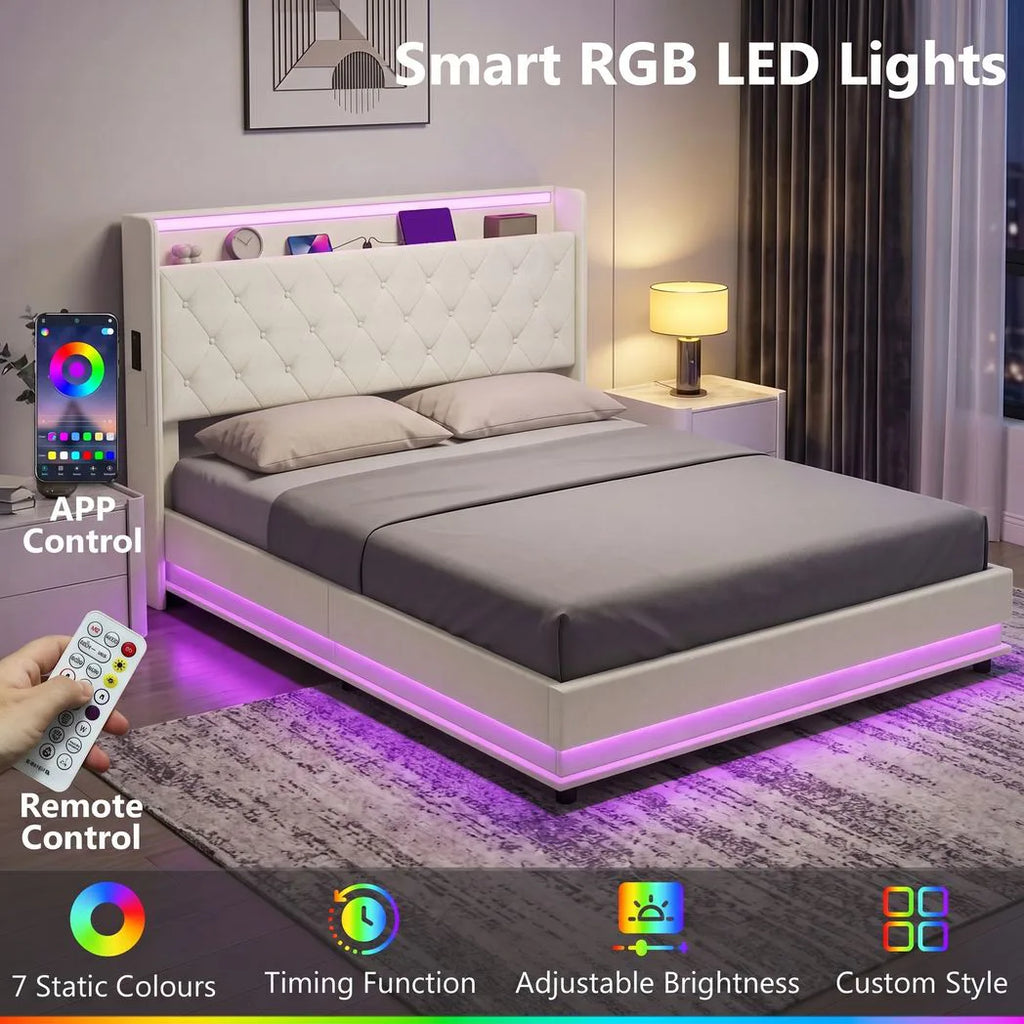 5ft King Bed Frame with Headboard, Platform Bed Frame with Hydraulic Storage, LED Lights and Charging Station, White