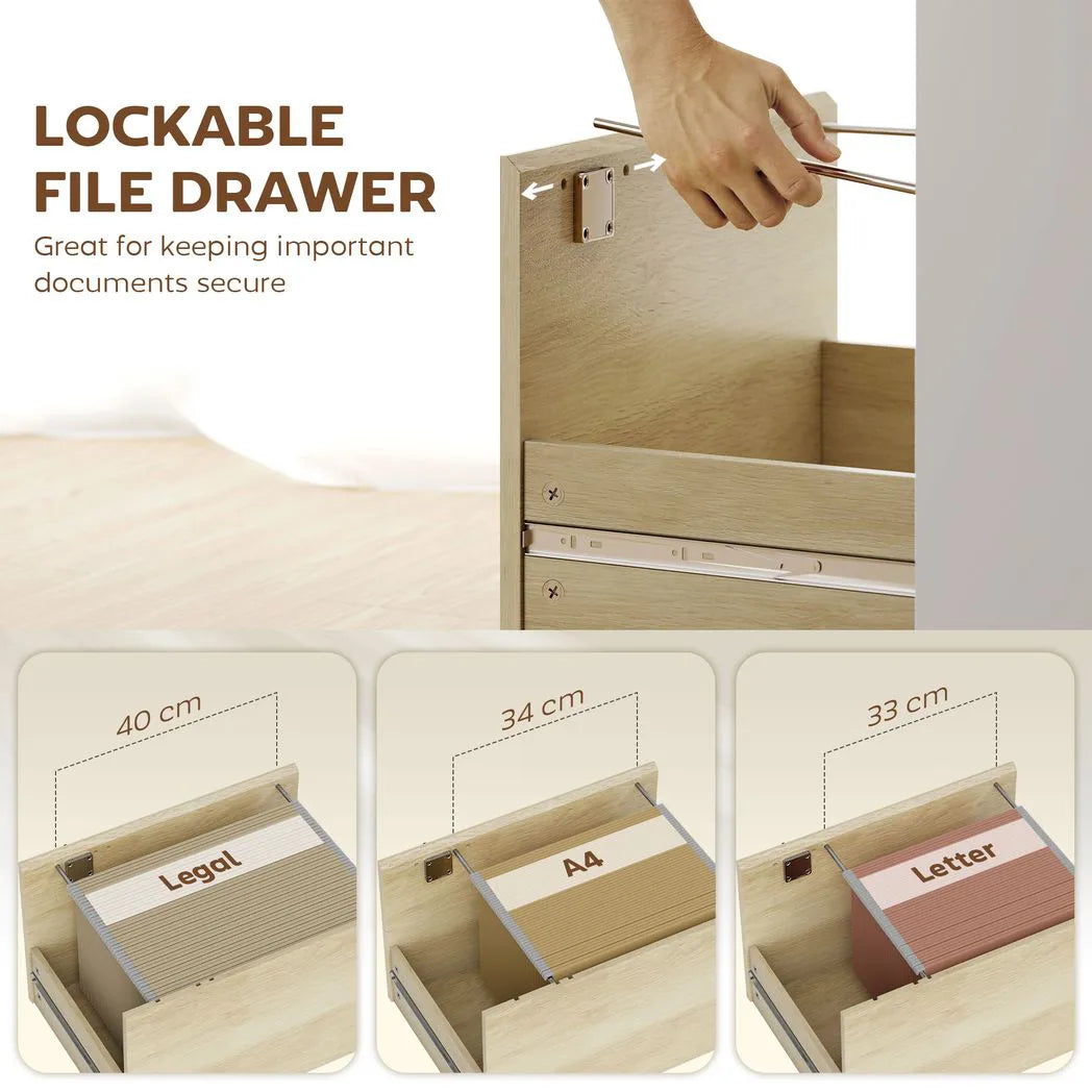 Computer Desk, Office Desk with Bookshelf, File Drawer and Legal Hanging File Holders, Oak Wood Effect