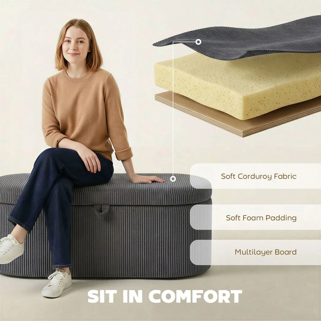 Storage Ottoman, Corduroy Upholstered Ottoman Storage Box with Padded Seat, 105 x 51 x 49 cm, Dark Grey