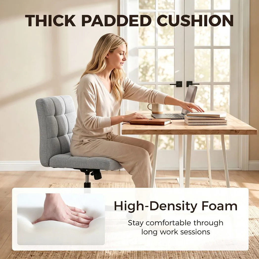 Armless Office Chair, Cross Legged Linen Computer Desk Vanity Chair with Wide Seat, Rocking Function, Grey