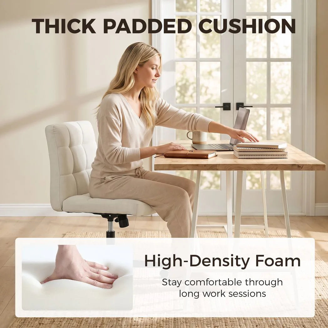 Armless Office Chair, Cross Legged Linen Computer Desk Vanity Chair with Wide Seat, Rocking Function, Beige