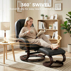Swivel Recliner Chair with Footstool, PU Leather Recliner Armchair with Adjustable Back and Wood Frame, Black