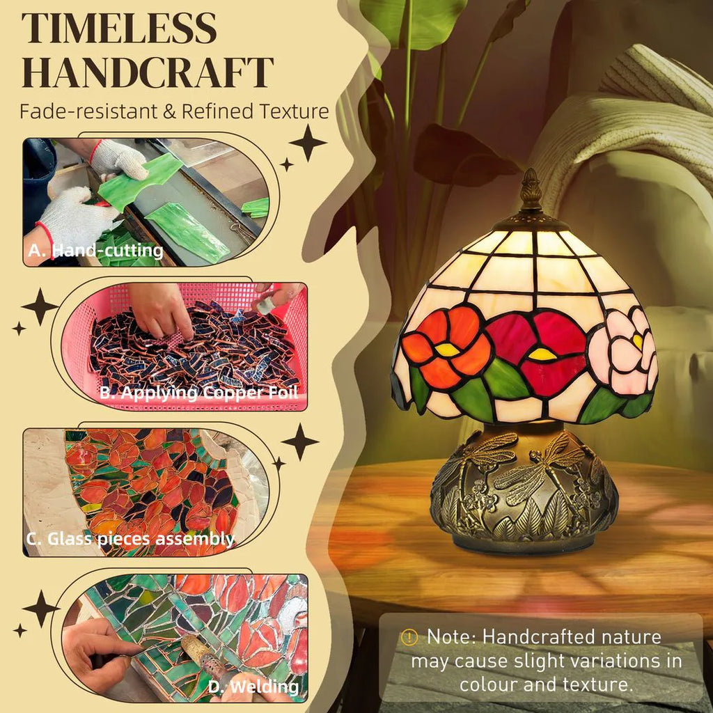 Handcrafted Classic Stained Glass Bedside Lamp, Tiffany-Style Table Lamp with Sculpted Dragonfly Base, Multi-Coloured