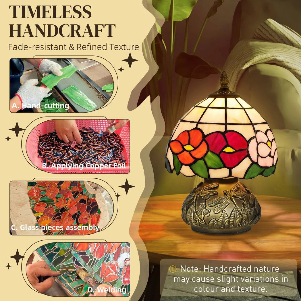 Handcrafted Classic Stained Glass Bedside Lamp, Tiffany-Style Table Lamp with Sculpted Dragonfly Base, Multi-Coloured