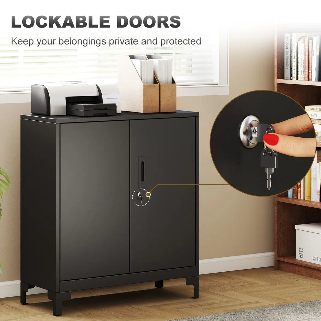 Lockable Metal Filing Cabinet, 2-Tier Storage Cupboard with Double Doors, Modern Office Organiser, Black