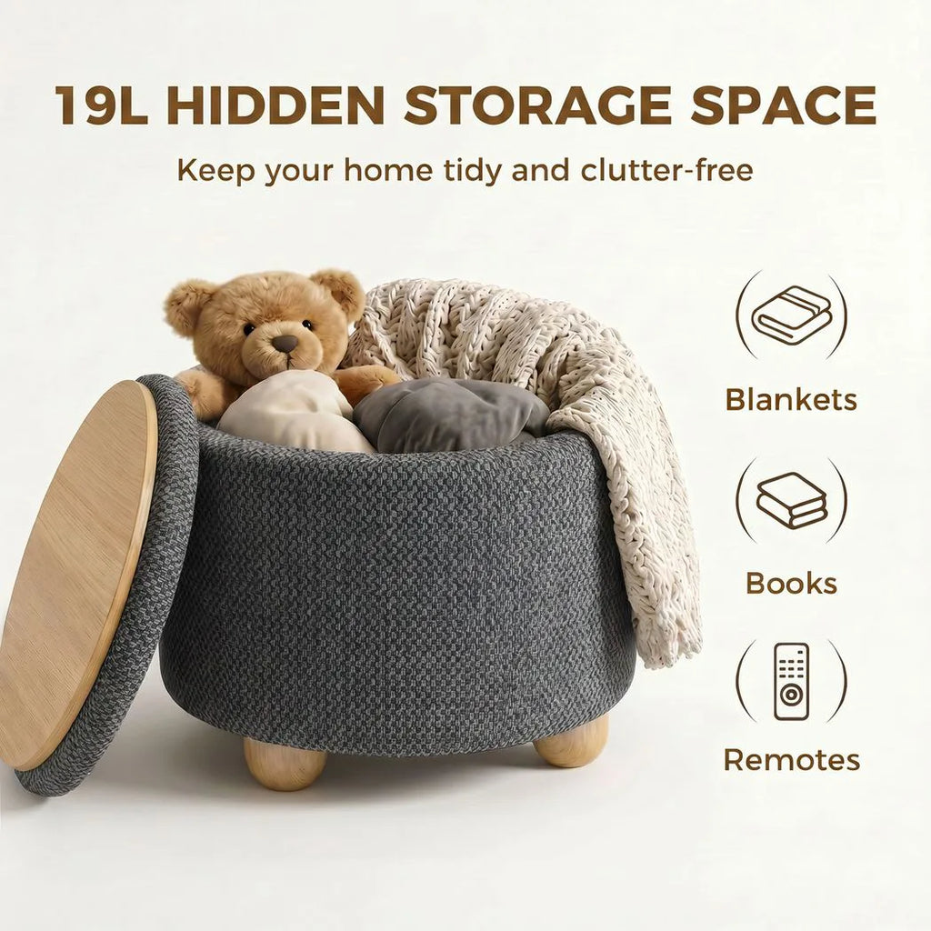 Storage Sitting Bench with Lid, Round Storage Ottoman with Rubberwood Legs, Dark Grey