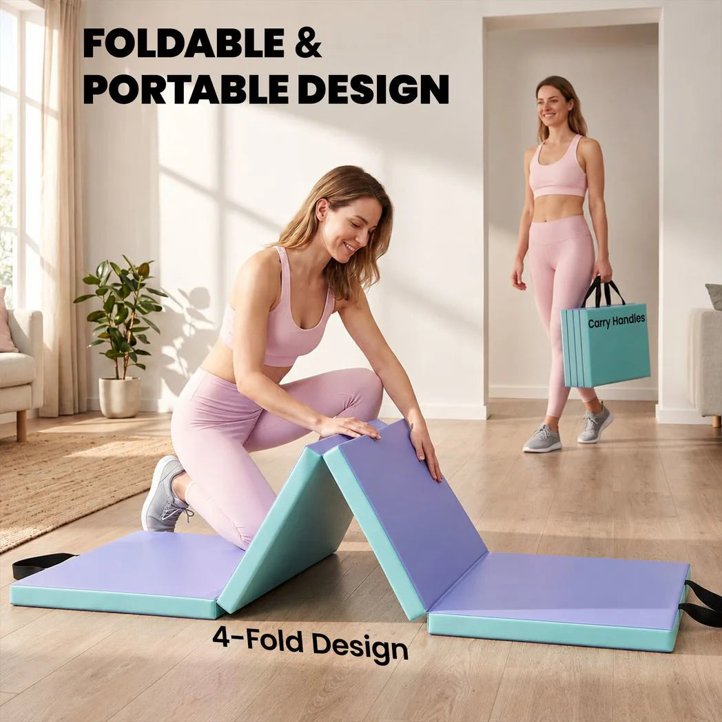 SPORTNOW Foldable Gymnastics Mat, 6 ft Long & Four Folding Thick Exercise Tumbling Mat with Carrying Handles, Green & Purple