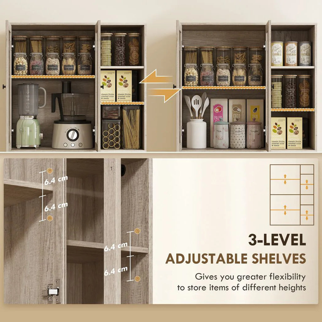 Multi-Storage Kitchen Cabinet, with Glass Doors - Grey Wood-Effect