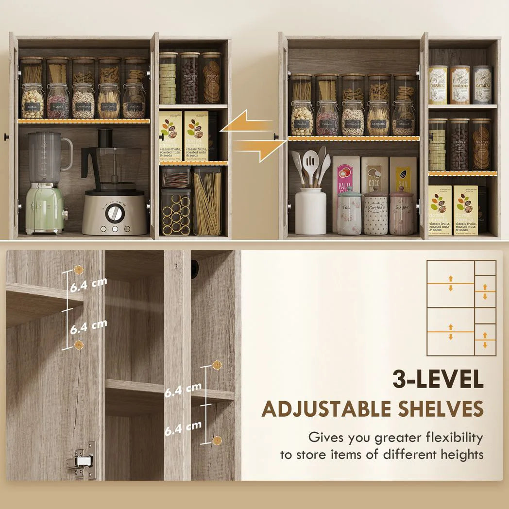 Multi-Storage Kitchen Cabinet, with Glass Doors - Grey Wood-Effect