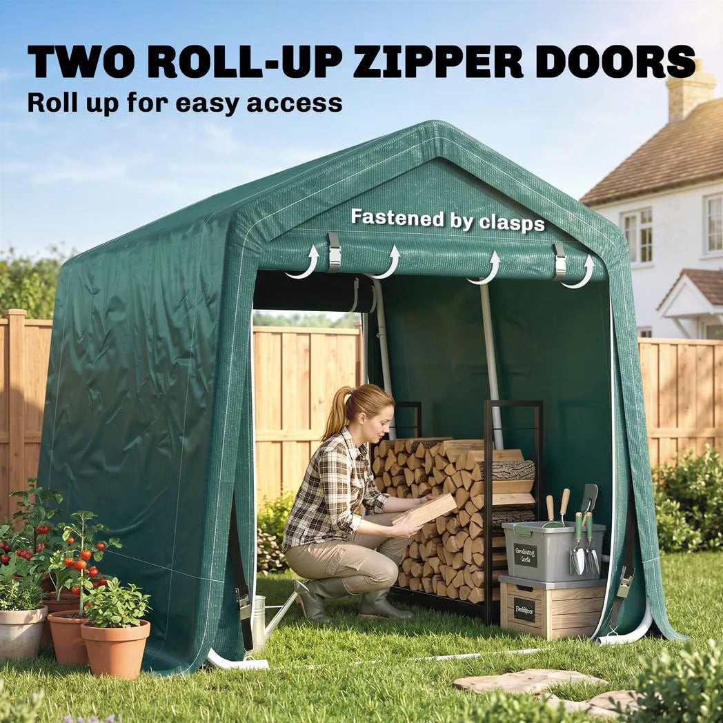 Outsunny 8 x 6.5 ft Outdoor Garden Storage Shed, Waterproof Bike Tent with Double Roll-up Zipper Door for Garden Tools, Green