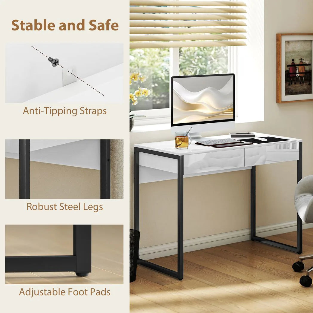 High Gloss Work Table, with Drawers - White
