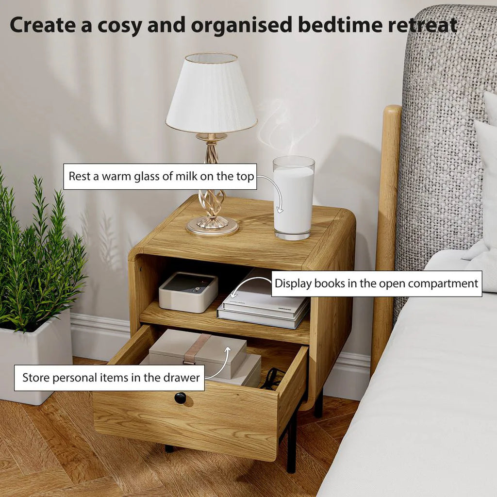Bedside Table with Drawer and Open Shelf - Oak
