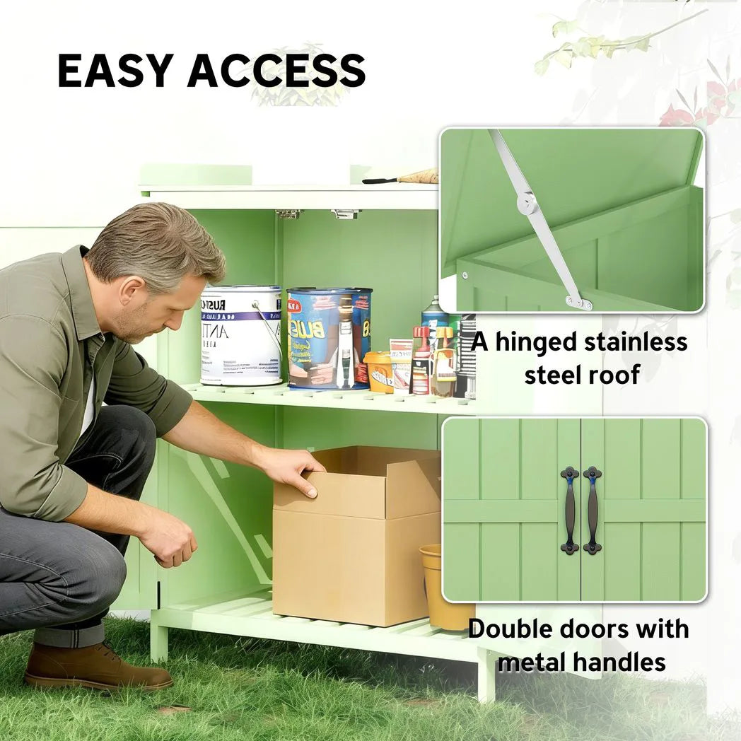 Outsunny Wooden Garden Shed, Garden Tool Storage Shed with Hinged Roof and Shelf, Outdoor Storage Cabinet with Double Doors, Light Green
