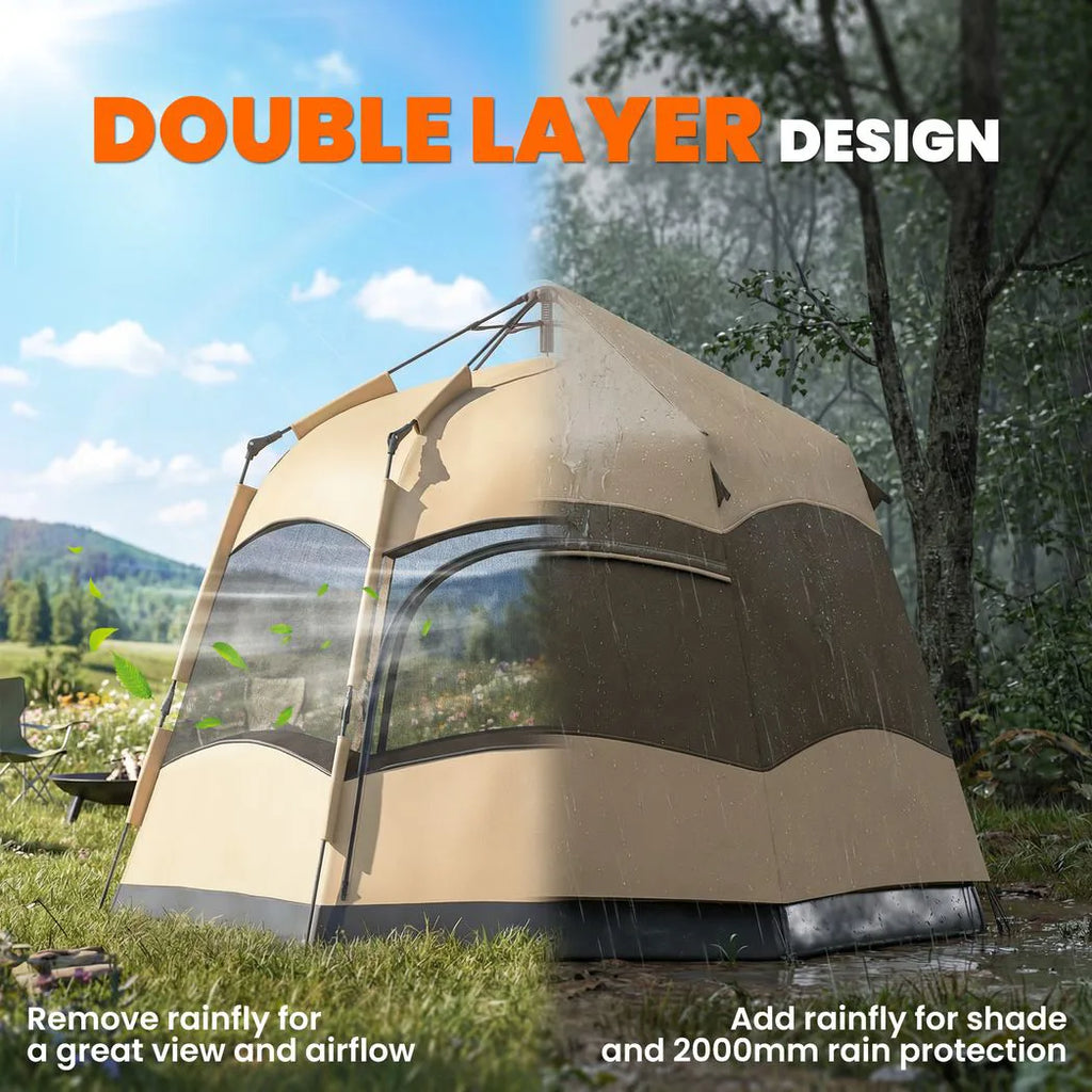 Outsunny 3 Man Instant Pop Up Tent with Rainfly, Portable Camping Shelter with Sewn-in Groundsheet, Carry Bag, Brown