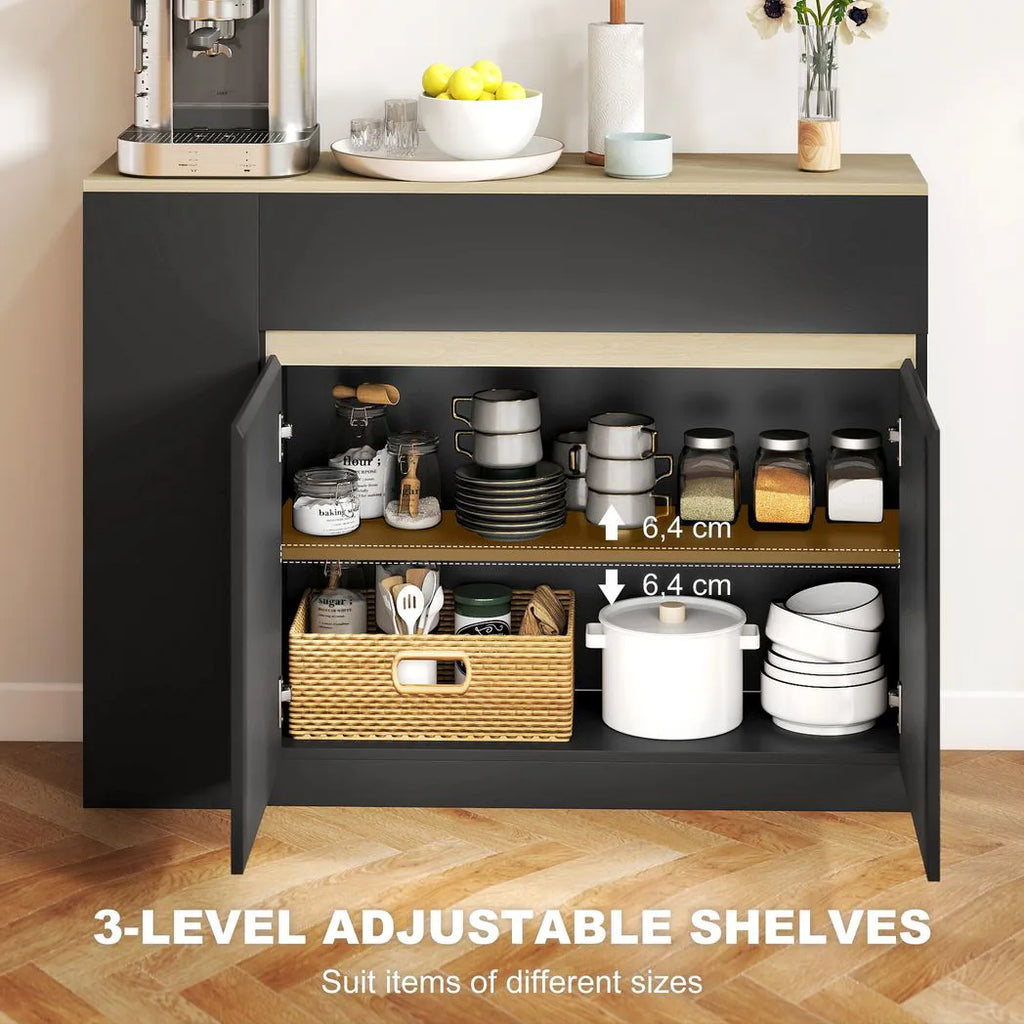 Kitchen Island, Storage Cabinet with Adjustable Shelf, 2 Drawers, 3 Open Shelves, Black