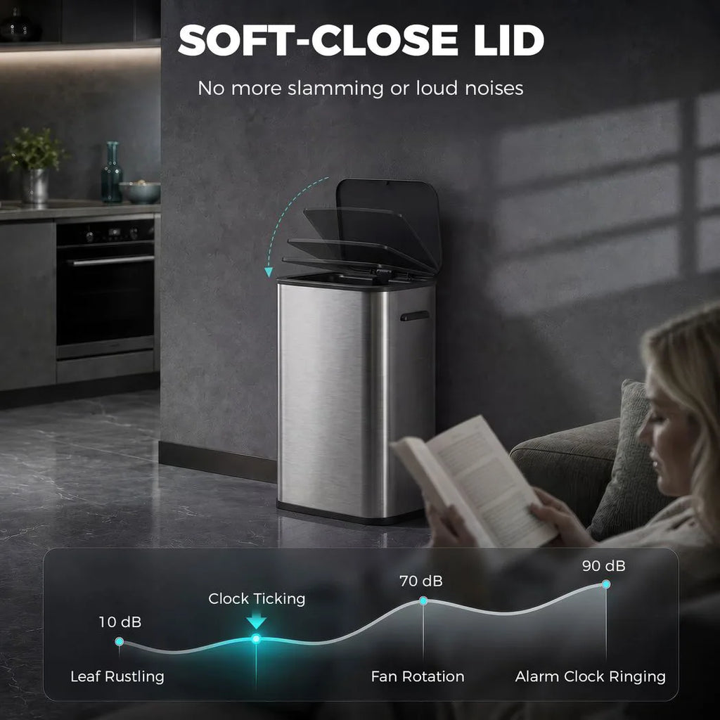 55L Sensor Bin for Kitchen, Touchless Automatic Waste Rubbish Bin, Stainless Steel, Battery Operated, Silver Tone