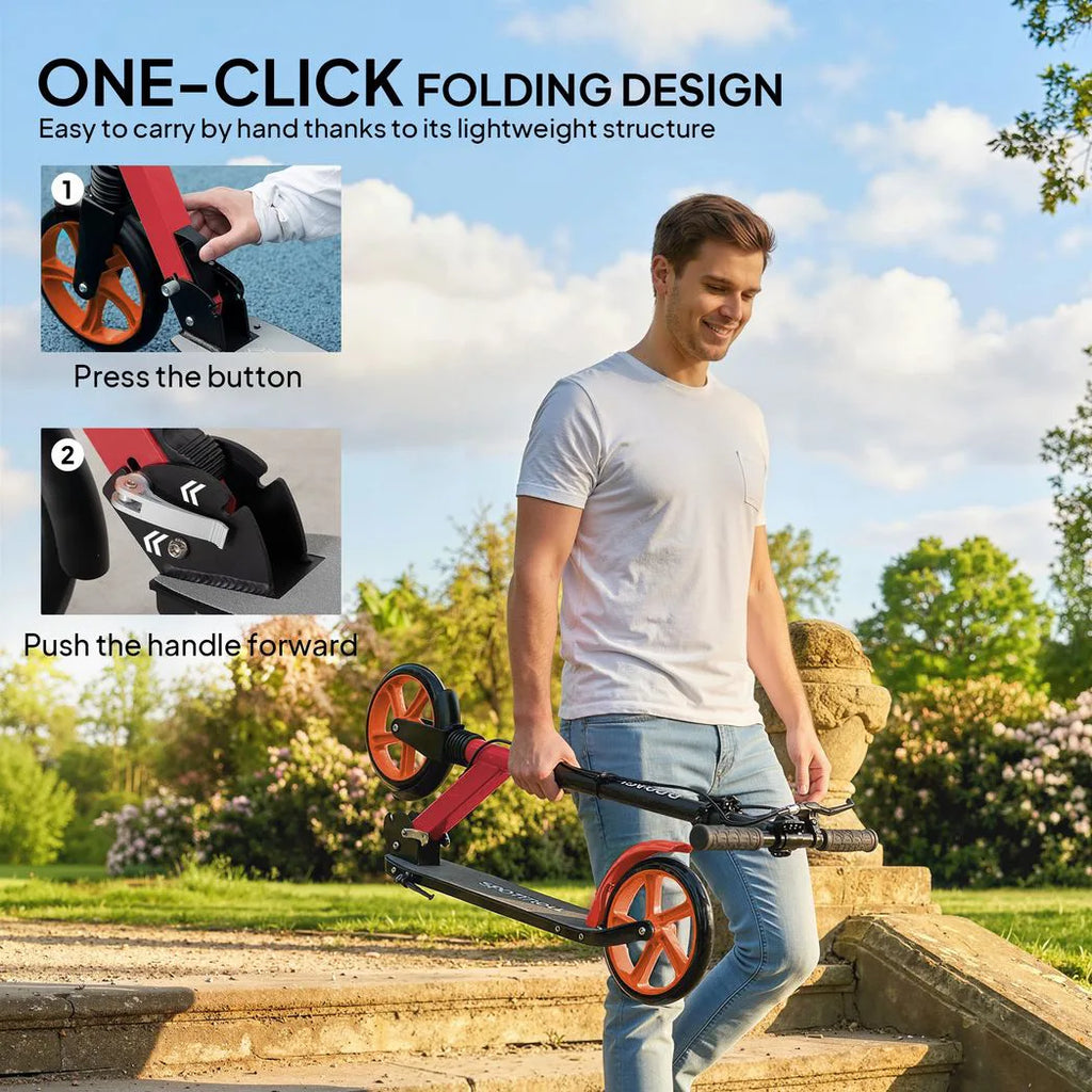 One-click Folding Kick Scooter for 14 w/ Adjustable Handlebar, Push Scooter with Kickstand, Dual Brake System, Red