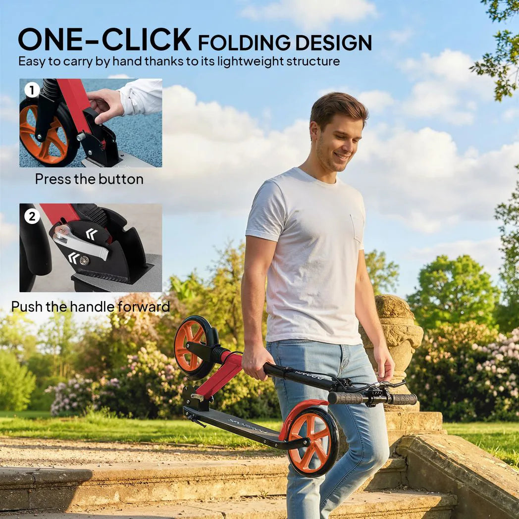 One-click Folding Kick Scooter for 14 w/ Adjustable Handlebar, Push Scooter with Kickstand, Dual Brake System, Red