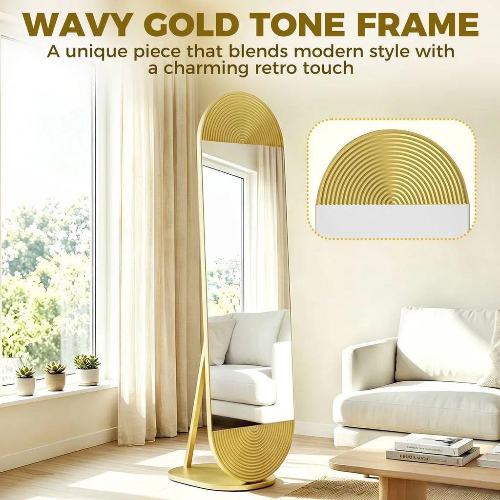 50 x 161 cm Wavy Full Length Mirror, Free Standing Mirror with Metal Frame and Solid Base, Gold Tone