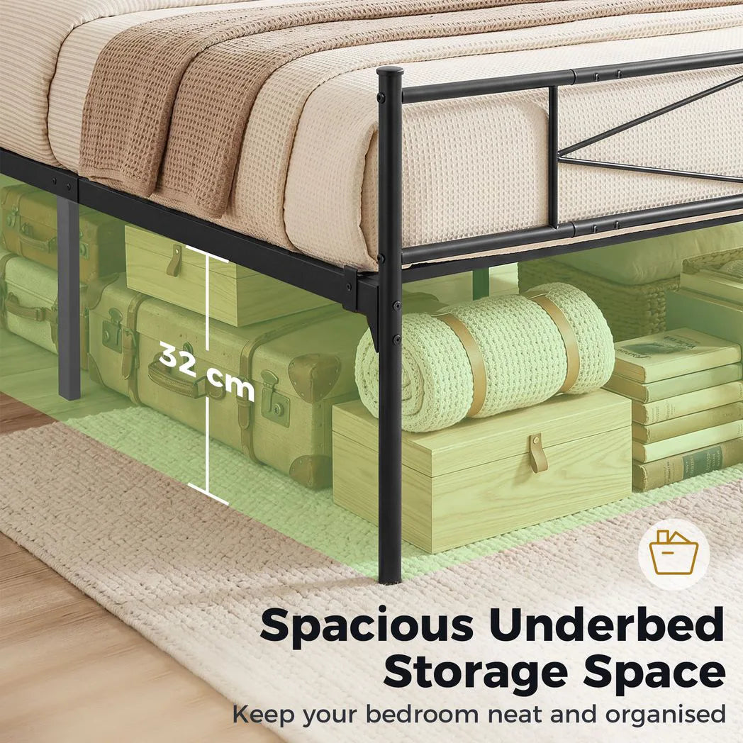 4ft6 Double Bed Frame with Headboard and Footboard, Metal Platform Bed Frame with 32 cm Underbed Storage, Black