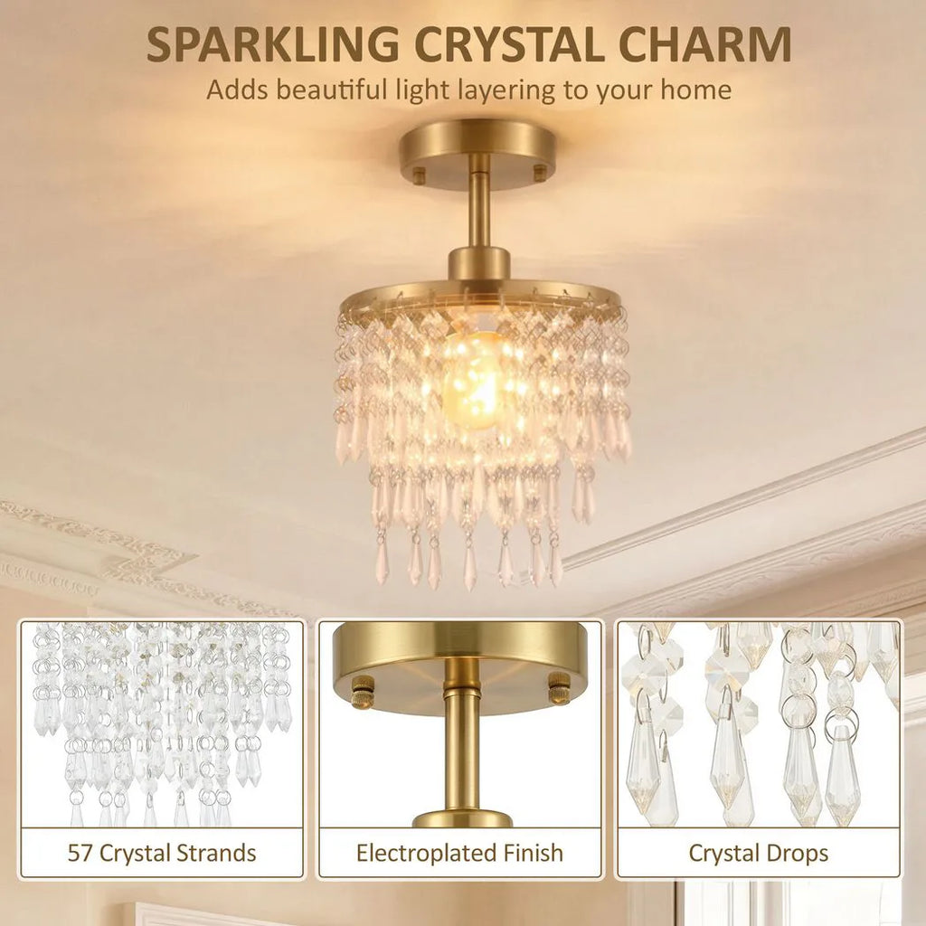 Crystal Ceiling Light with 57 Crystal Strands, Ceiling Light with Mounting Plate for Hallway, Gold Tone