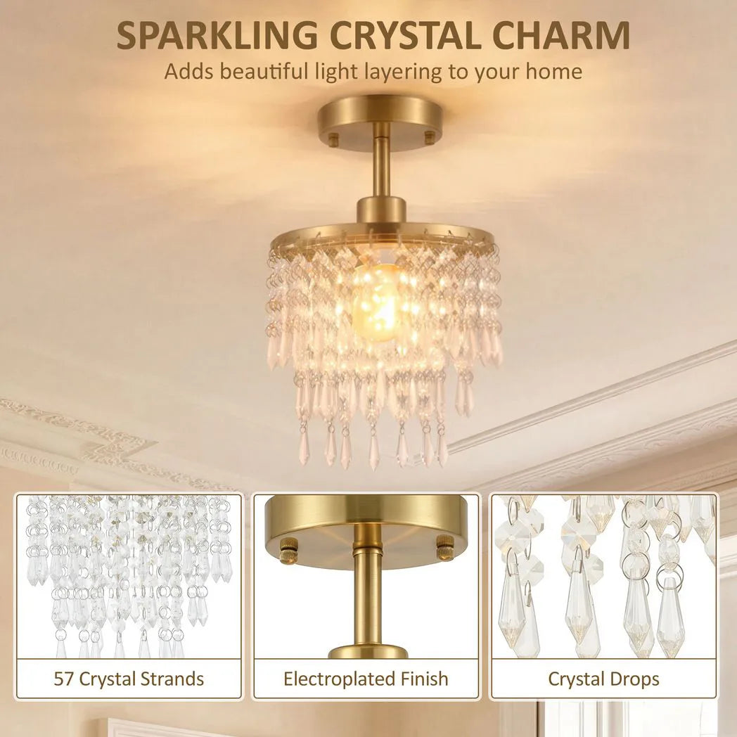 Crystal Ceiling Light with 57 Crystal Strands, Ceiling Light with Mounting Plate for Hallway, Gold Tone