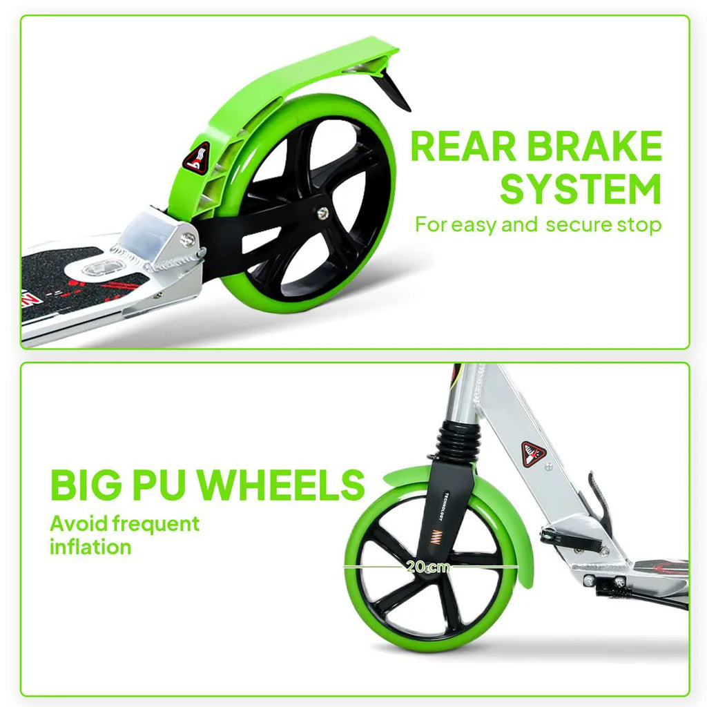 Folding Kick Scooter, Adjustable Ride On Scooter with 200mm Big Wheels and Double Shock Absorption, Urban Scooter for 14 Teens Adult, Green
