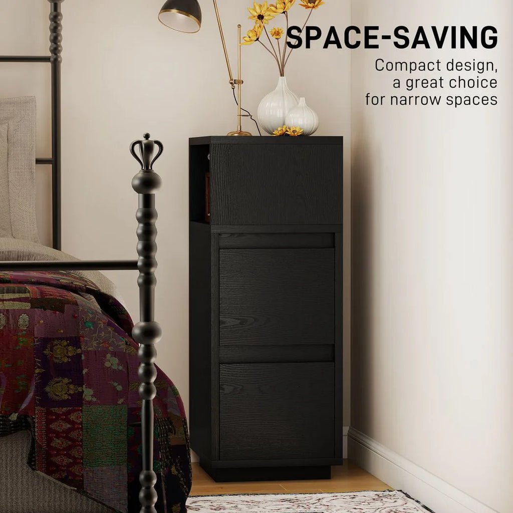 Slim Bedside Table with 2 Drawers — Black, 25cm Wide