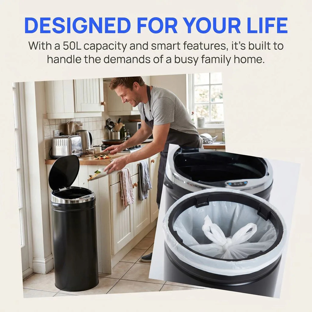 50L Automatic Motion Sensor Rubbish Bin with Fingerprint Resistant, Stainless Steel, Black