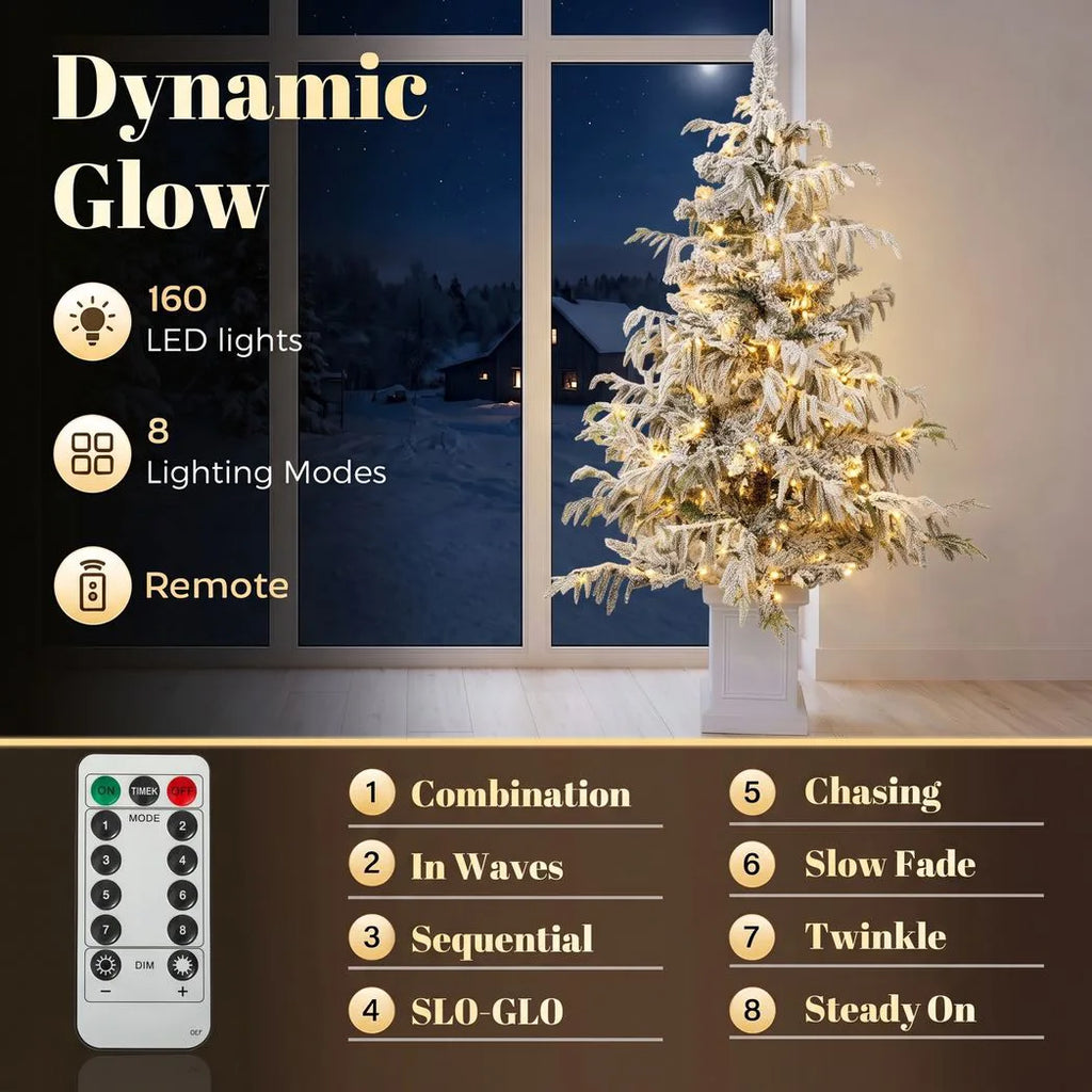4ft Prelit Flocked Christmas Tree, Artificial Snow Flocked Spruce with 160 Warm White LED Lights, 8 Modes, Green