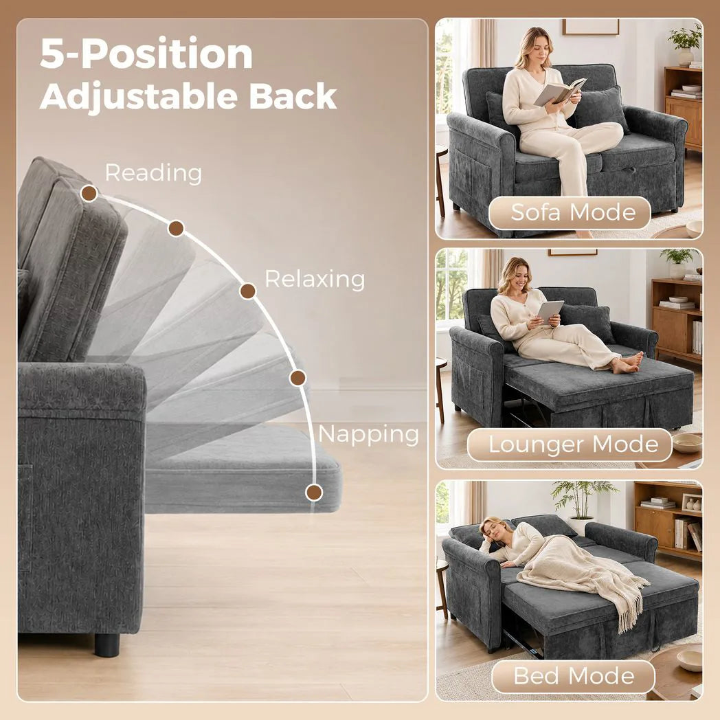 2 Seater Sofa Bed 3-in-1 Convertible Chenille Pull Out Sleeper Sofa with 5-Position Adjustable Backrest, Grey