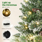 60 cm Prelit Small Christmas Tree, Snow Flocked Tabletop Mini Xmas Tree with 35 LED Lights, Pine Cones and Linen Cover Base, Battery Operated, Green