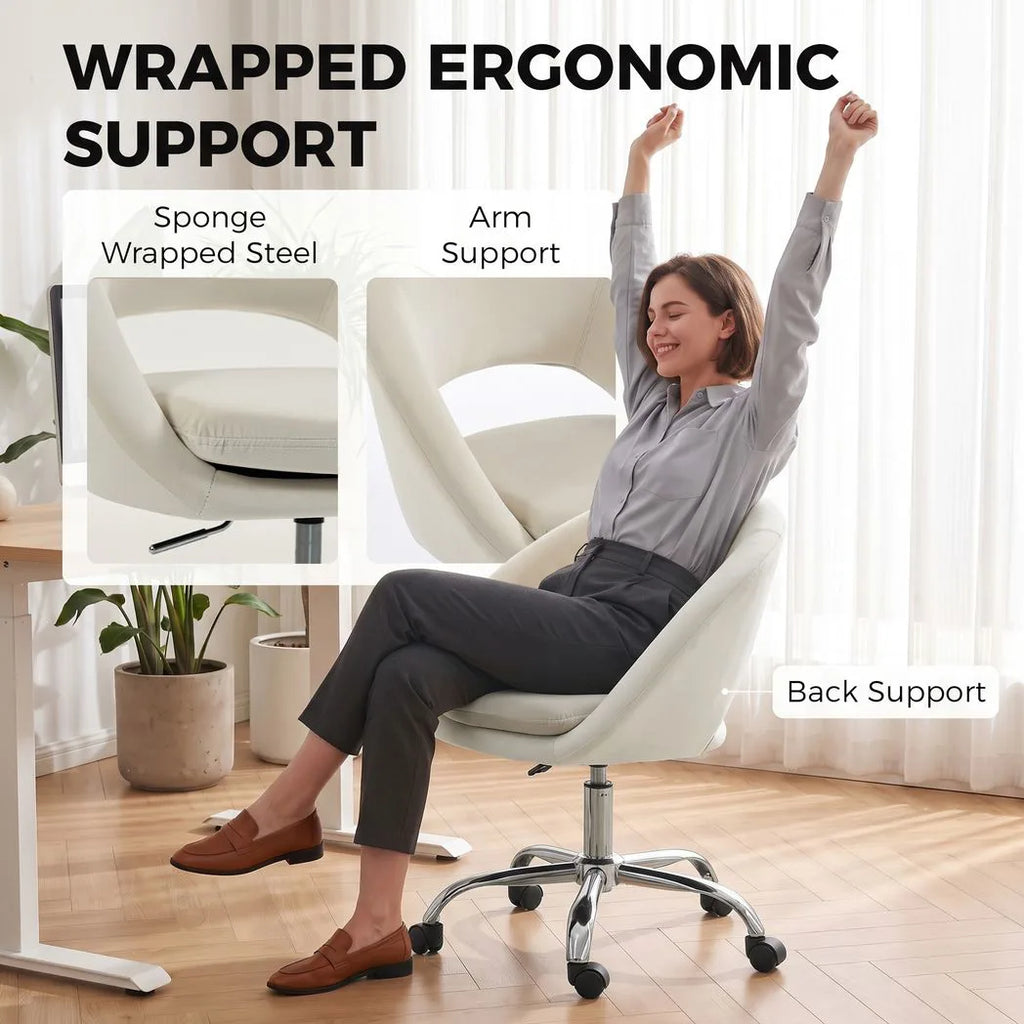 Velvet Desk Chair, Modern Office Chair with Height-Adjustable, Wheels, for Home Study Bedroom, Cream