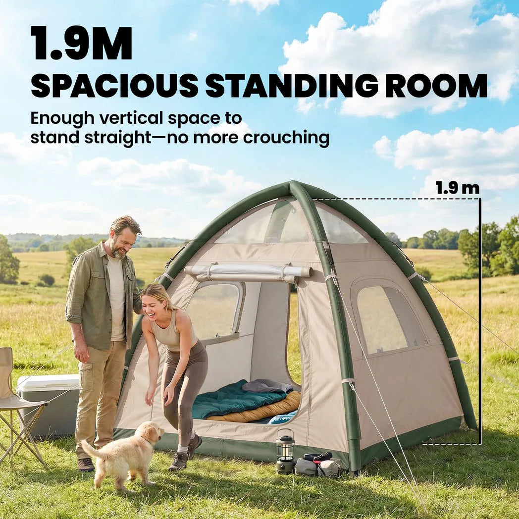 Outsunny Inflatable Camping Tent with Rainfly, 2-3 Man Air Tent 3000mm Waterproof Blow Up Tents, Beige