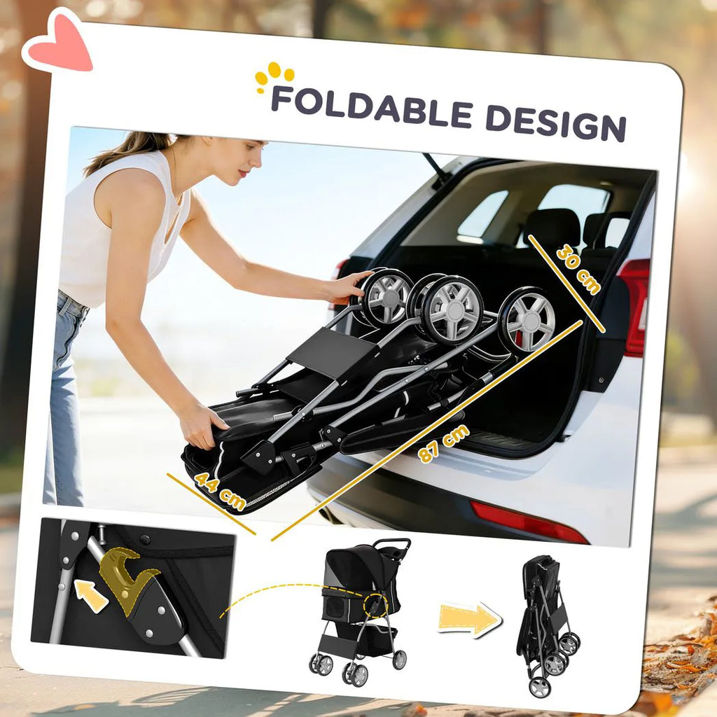 PawHut Dog Pram, Pet Stroller with Reflective Strips, Foldable Cat Stroller with 360° Swivel Wheels, Black