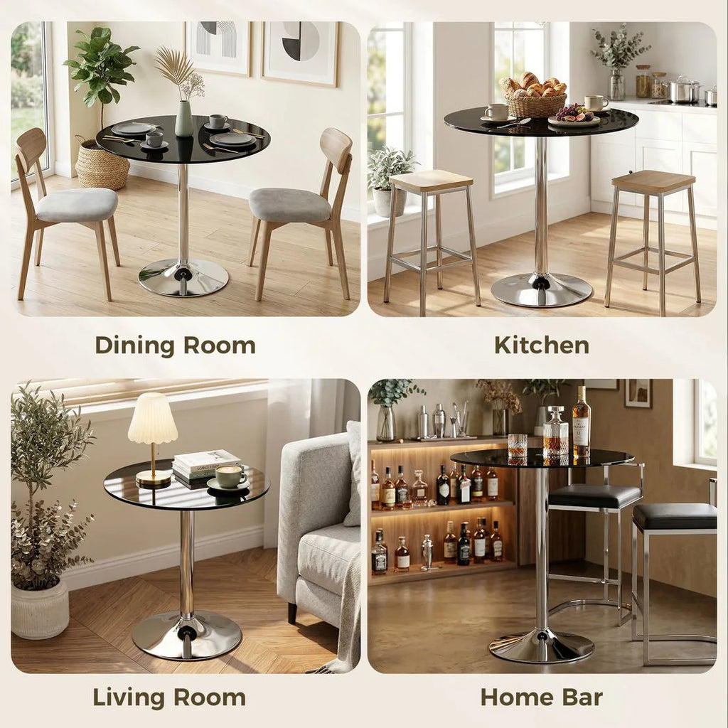 Round Bar Table, Modern Dining Table with Tempered Glass Top and Steel Frame for 4, 70 x 70 x 75.5cm, Black