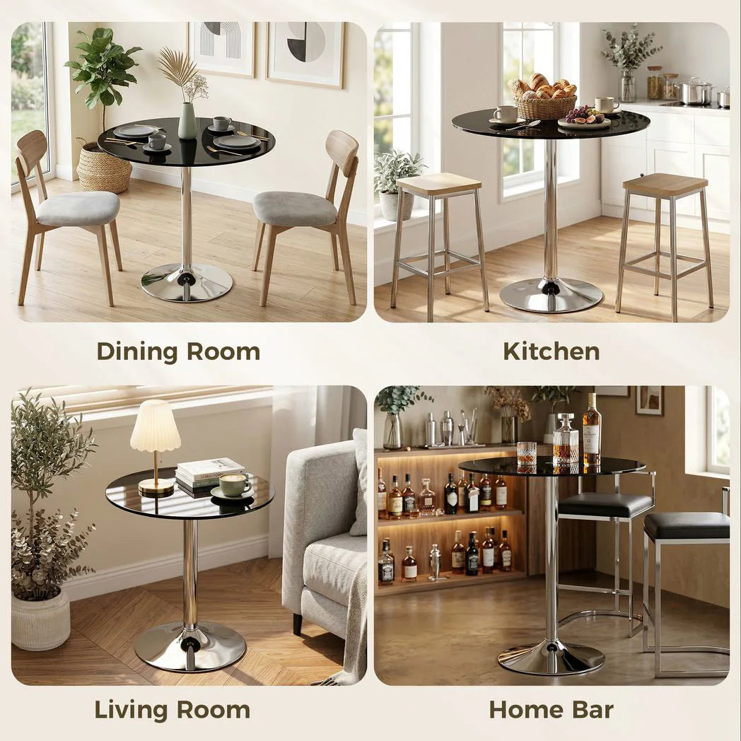 Round Bar Table, Modern Dining Table with Tempered Glass Top and Steel Frame for 4, 70 x 70 x 75.5cm, Black