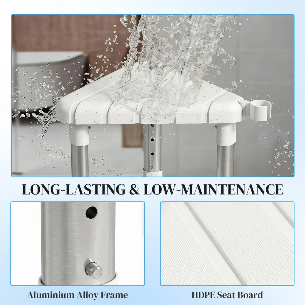 Shower Stool, Aluminium Alloy Corner Shower Chair with Storage Shelf and HDPE Seat, Adjustable Height, White