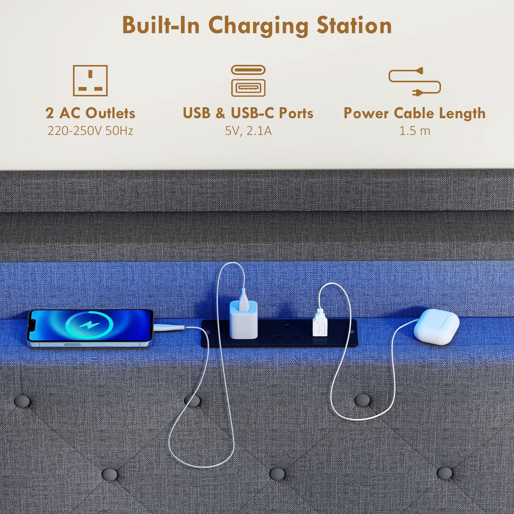 Floating Bed Frame, Upholstered 4ft6 Double Size Bed, Platform Bed with RGB LED Lights and Charging Station, Grey