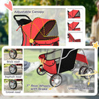 PawHut Dog Pram, Pet Stroller with Reflective Strips, Foldable Cat Stroller with 360° Swivel Wheels, Red