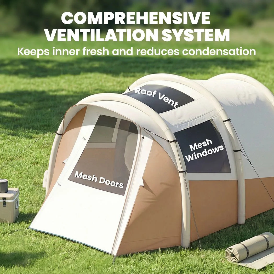Outsunny Inflatable Camping Tent with Air Pump, Easy Setup 2-3 Person Blow Up Tent, Khaki