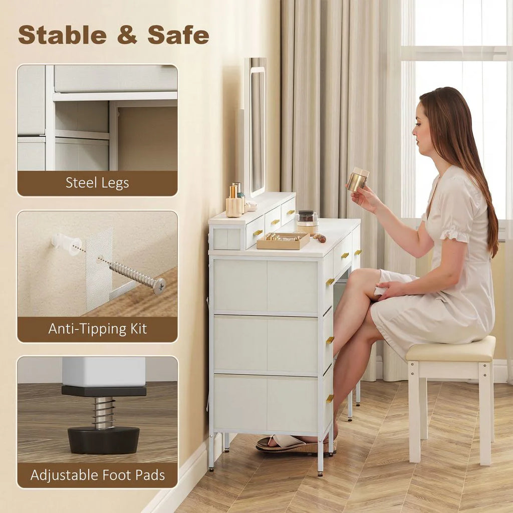 Multi-Storage Elegant Dressing Table, with LED Mirror - White