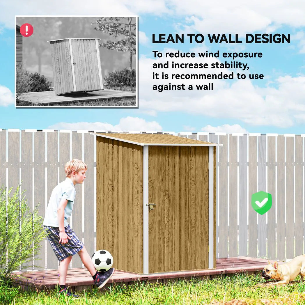 Outsunny 3.3 x 3.4ft Lean To Steel Garden Shed, with Locking Door - Light Brown Wood Effect/White