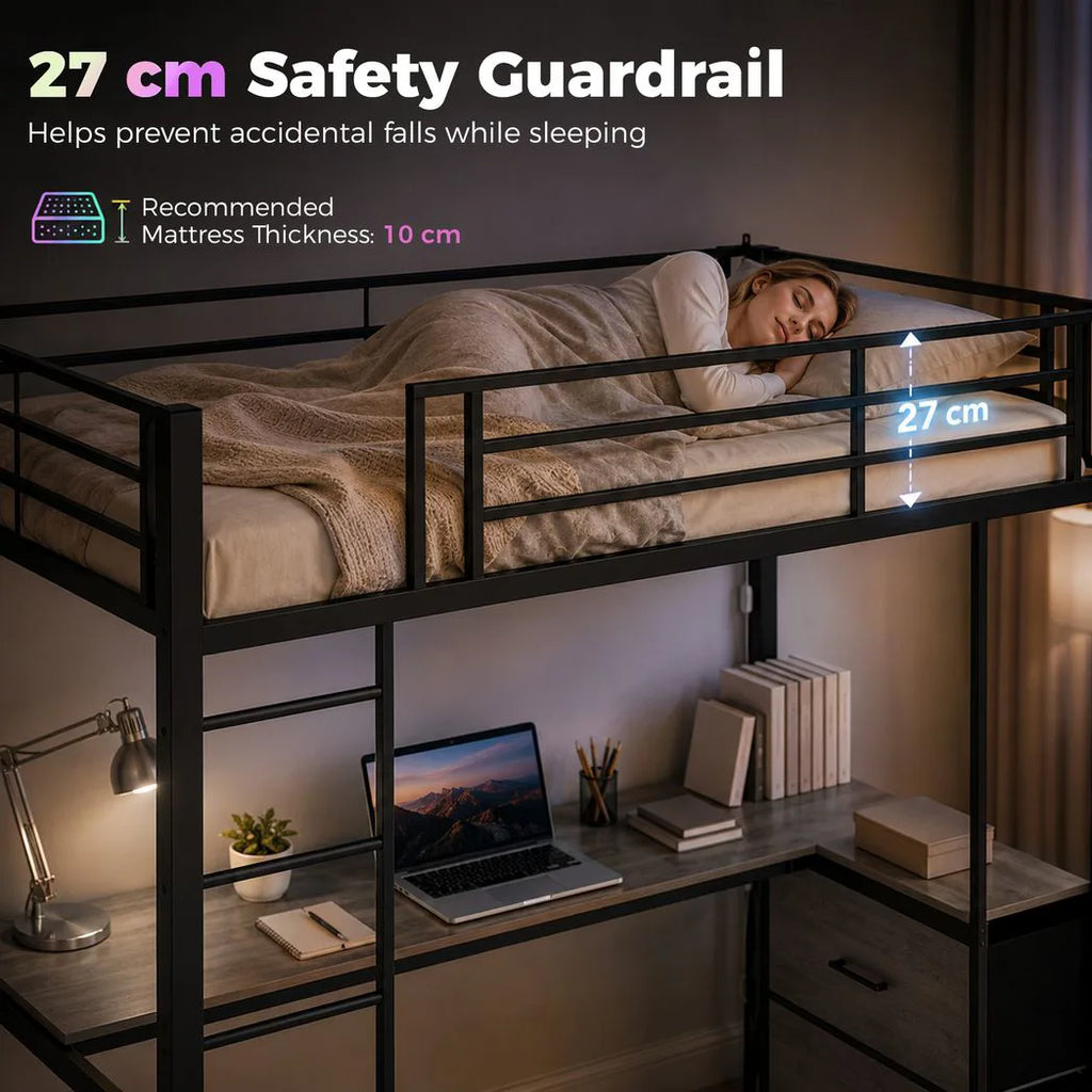 Metal Bunk Bed with Desk, High Sleeper Bed with LED Light and Safety Guardrail for Teens Adults, No Box Spring Needed