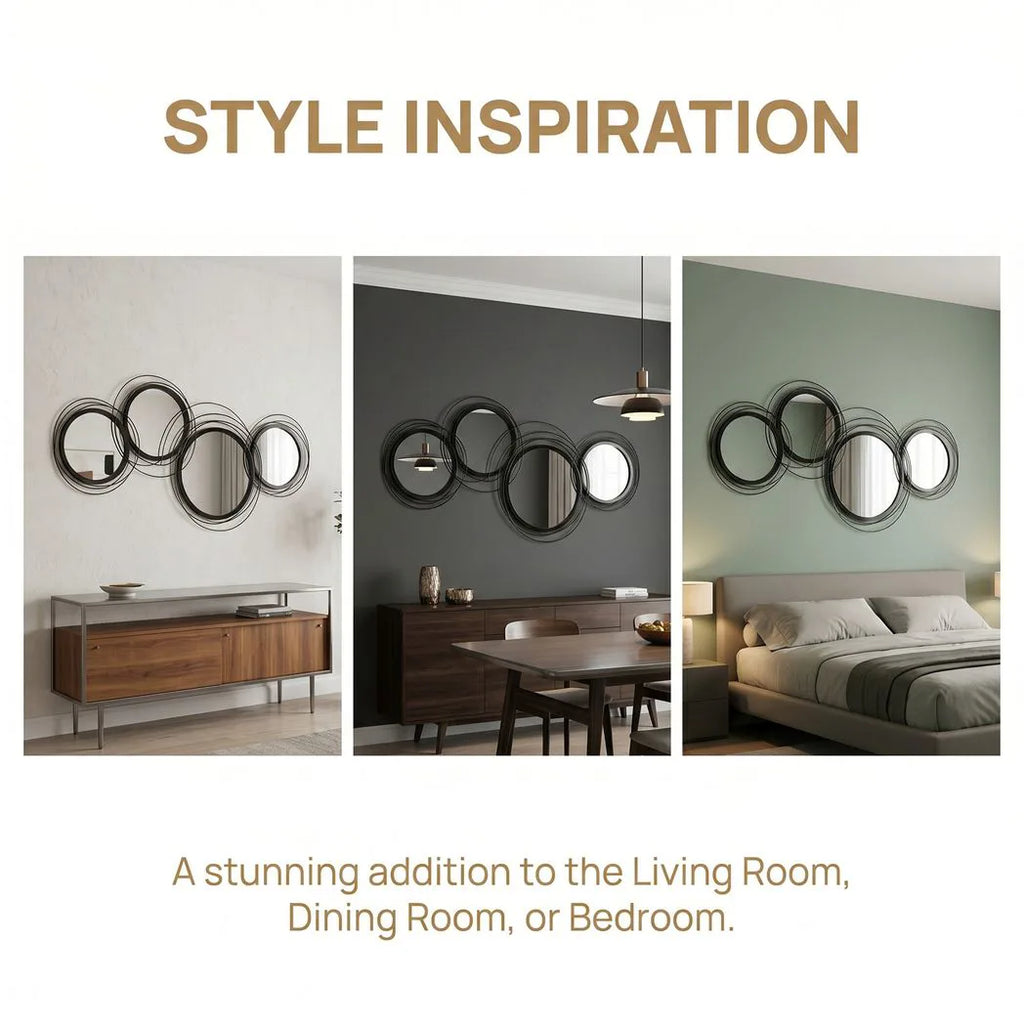 Metal Wall Art 56cm Modern Decorative Mirror Decor for Living Room Bedroom Dining Room, Black