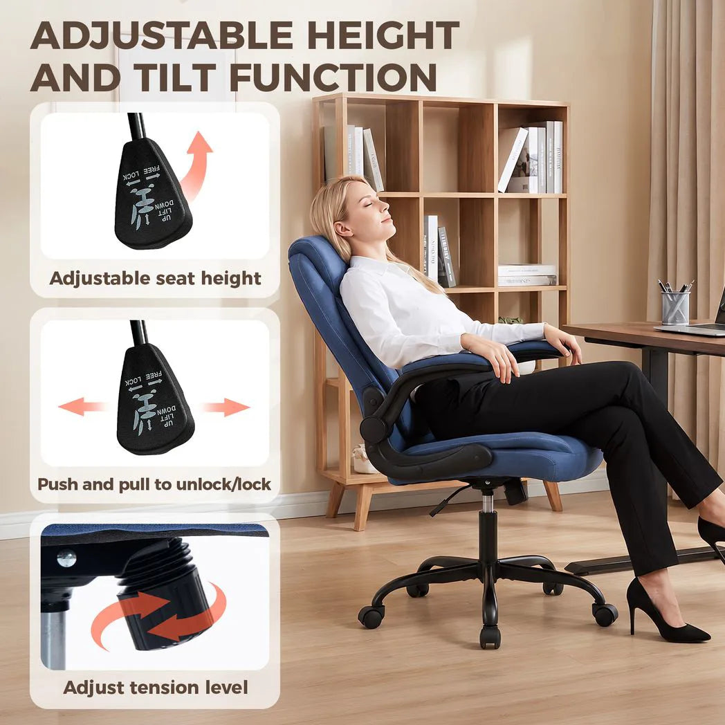 Linen-Look Computer Desk Chair, Executive Office Chair with Flip-Up Armrests and Thick Cushion, Blue