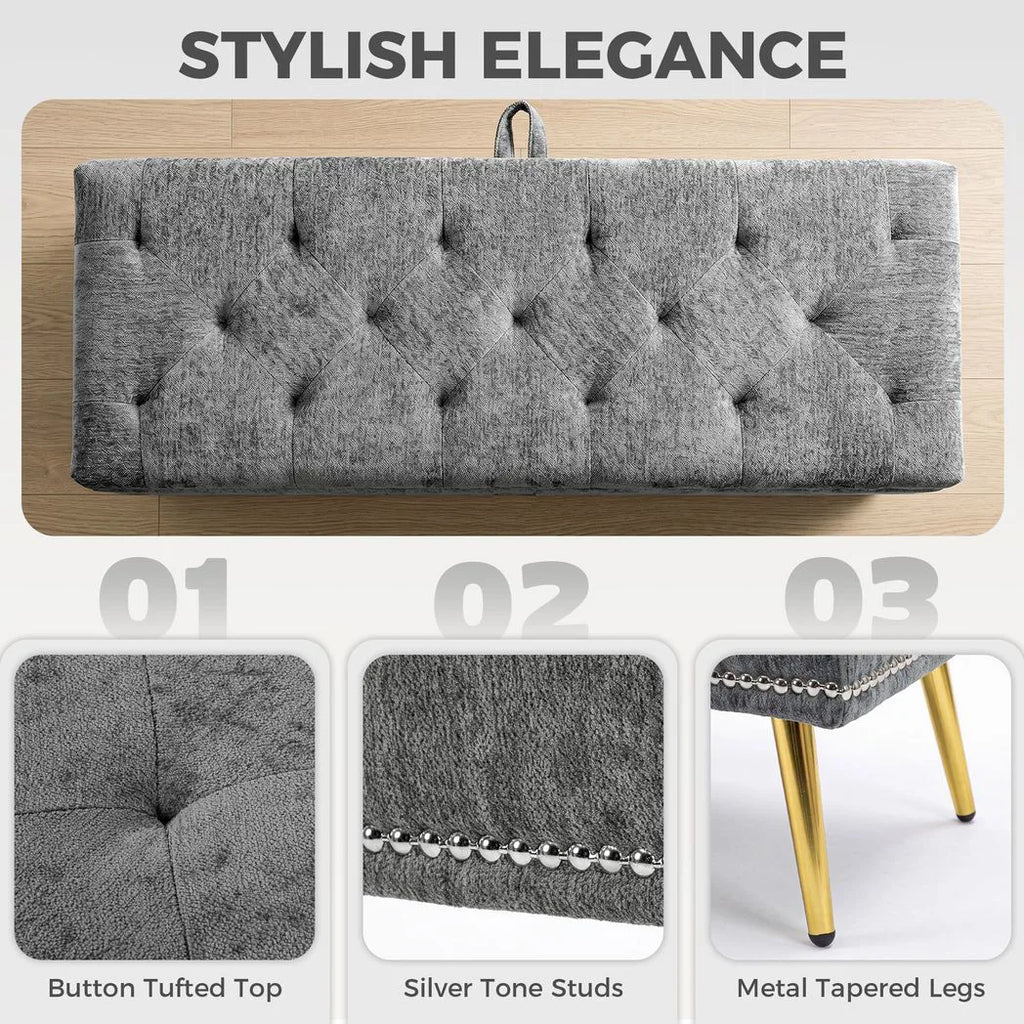 Storage Ottoman, Chenille Upholstered Ottoman Storage Box with Padded Seat, Metal Legs, 114 x 41 x 45 cm, Grey